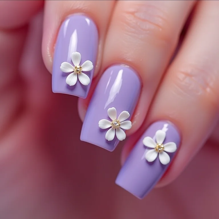 Unhas lilás decoradas com flores brancas