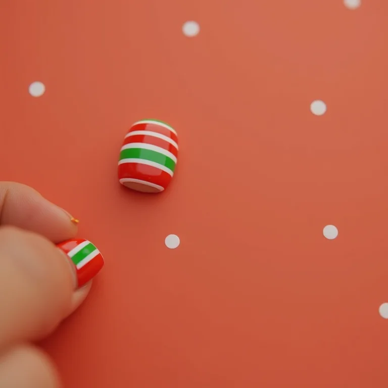 Unhas listradas vermelho e verde para o Natal.