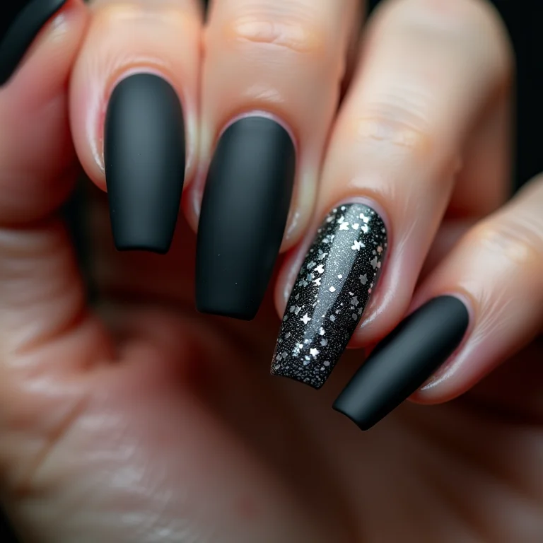 Unhas longas pretas foscas com glitter prata