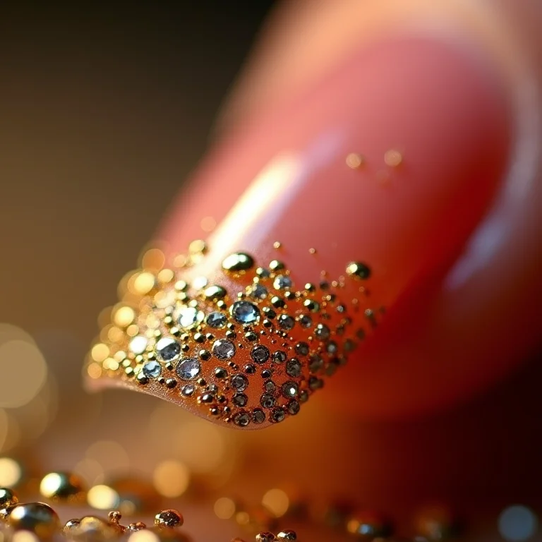 Unhas luxuosas com fios de ouro e pedrarias