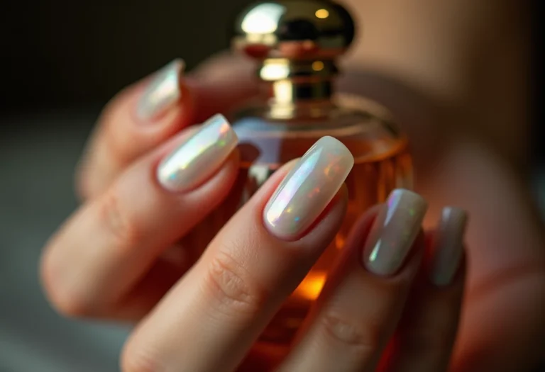 Unhas madrepérola segurando frasco de perfume vintage