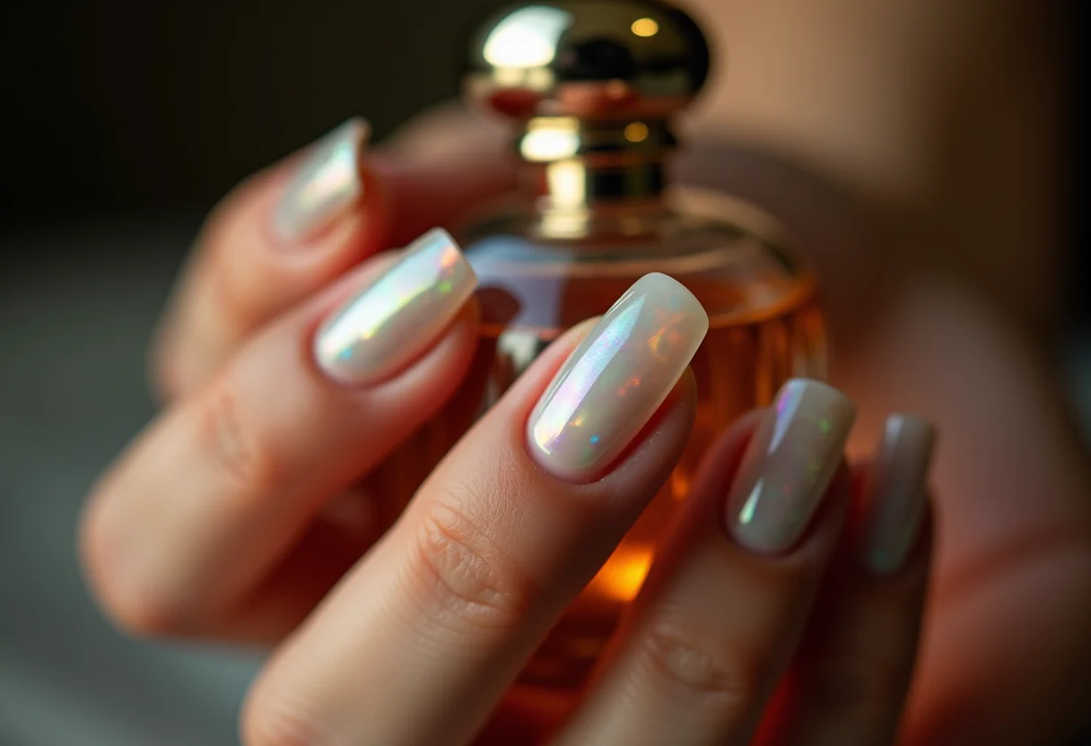 Unhas madrepérola segurando frasco de perfume vintage