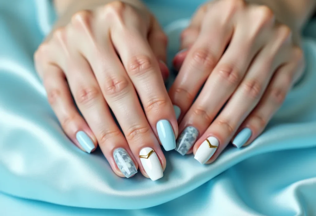 Unhas marmorizadas azul claro e branco com dourado