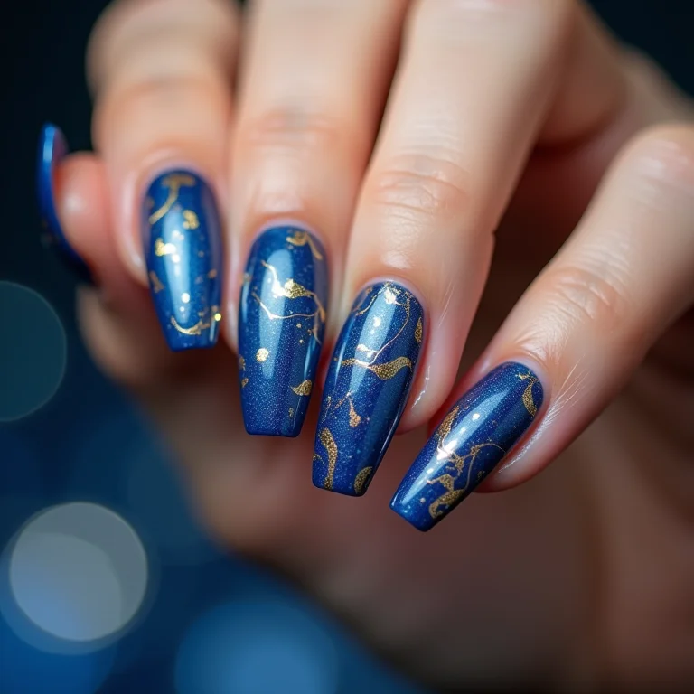 Unhas marmorizadas azul e dourado