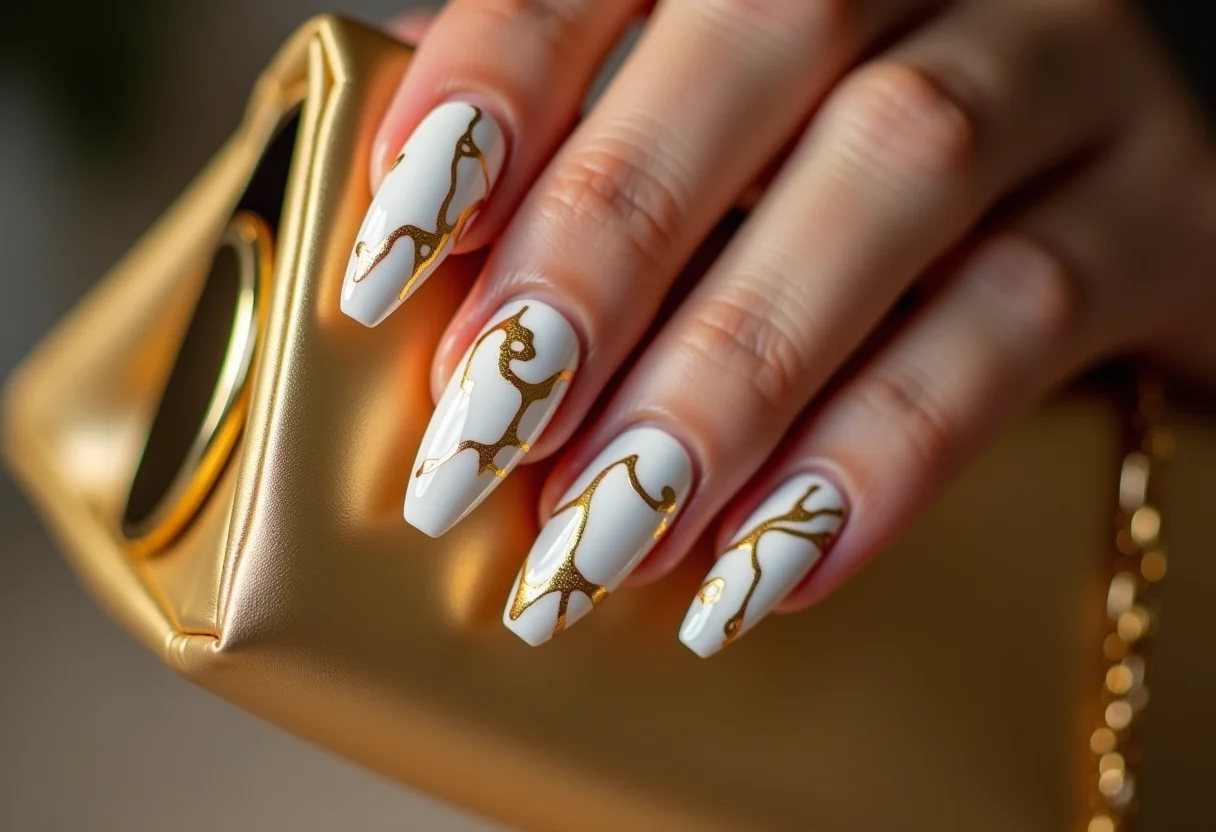 Unhas marmorizadas branco e dourado segurando clutch dourada