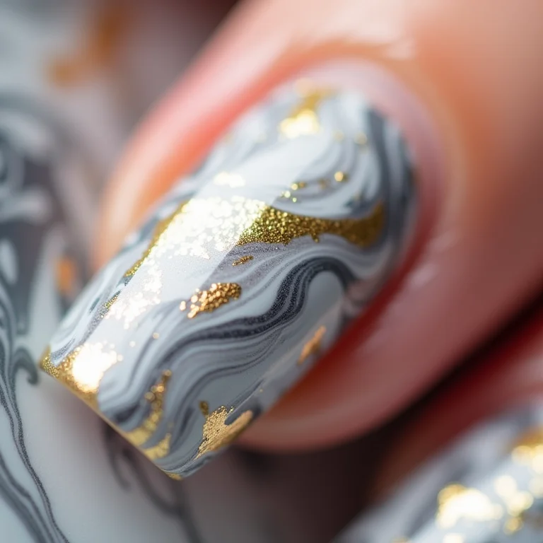Unhas marmorizadas cinza, branco e dourado