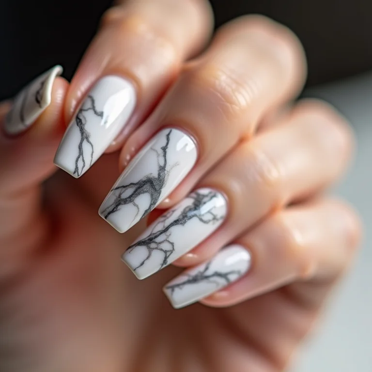 Unhas marmorizadas claras com veios brancos e cinzas