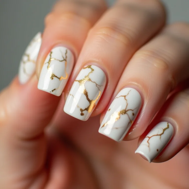 Unhas marmorizadas com detalhes dourados