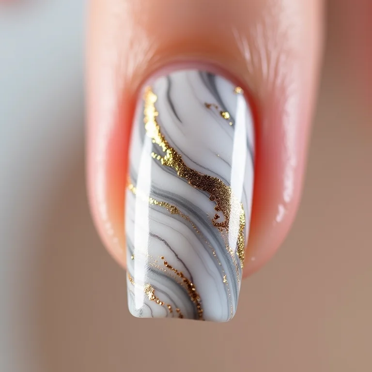 Unhas marmorizadas com detalhes em dourado.