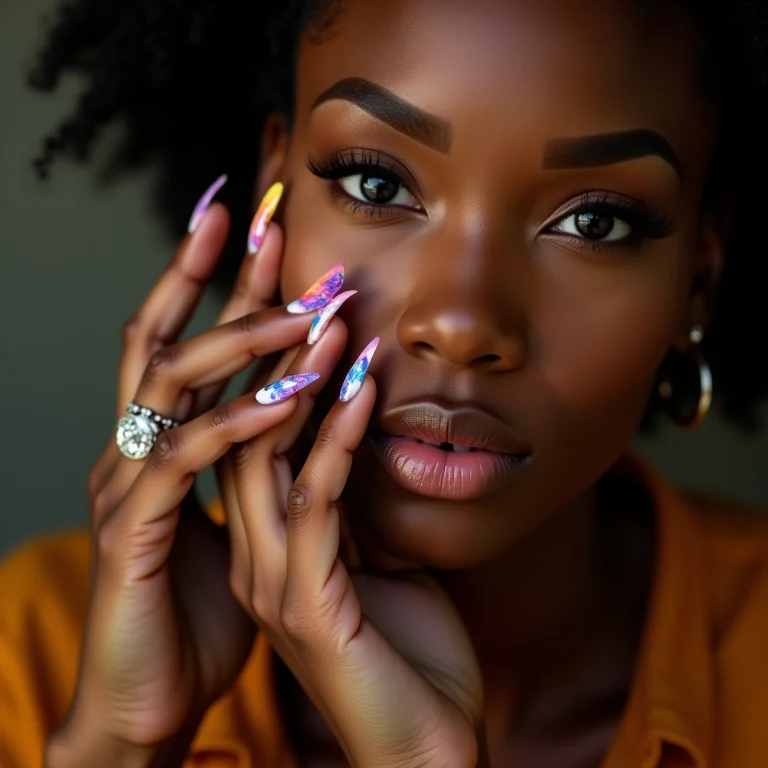 Unhas marmorizadas com padrões e cores vibrantes
