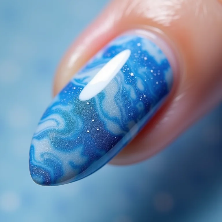 Unhas marmorizadas em azul e branco em macro.