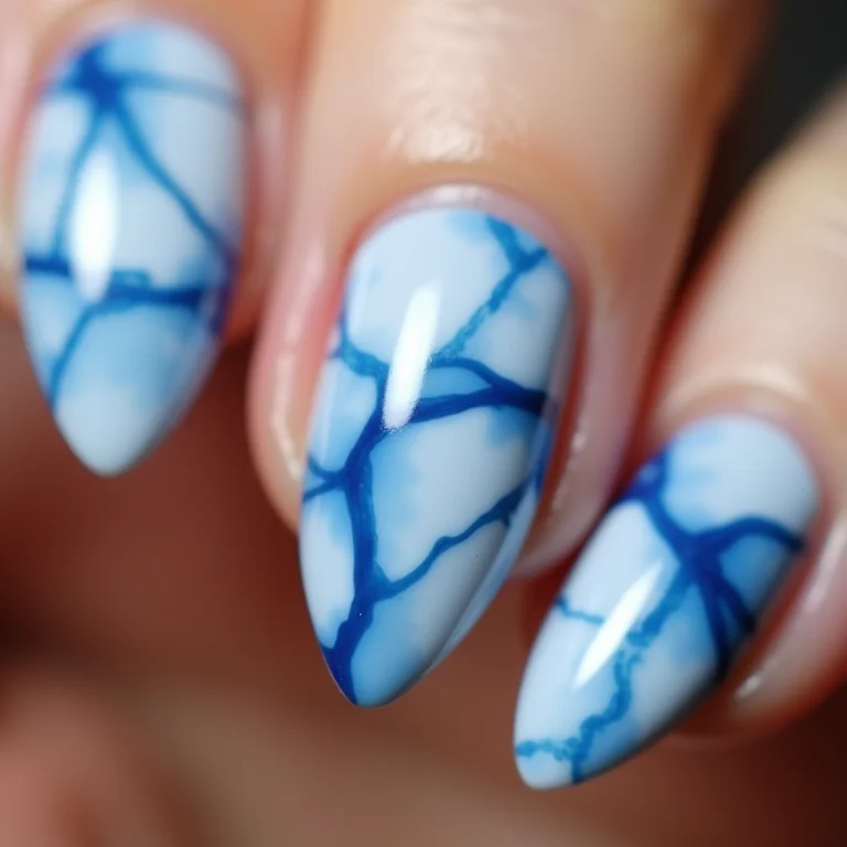 Unhas marmorizadas em azul e branco