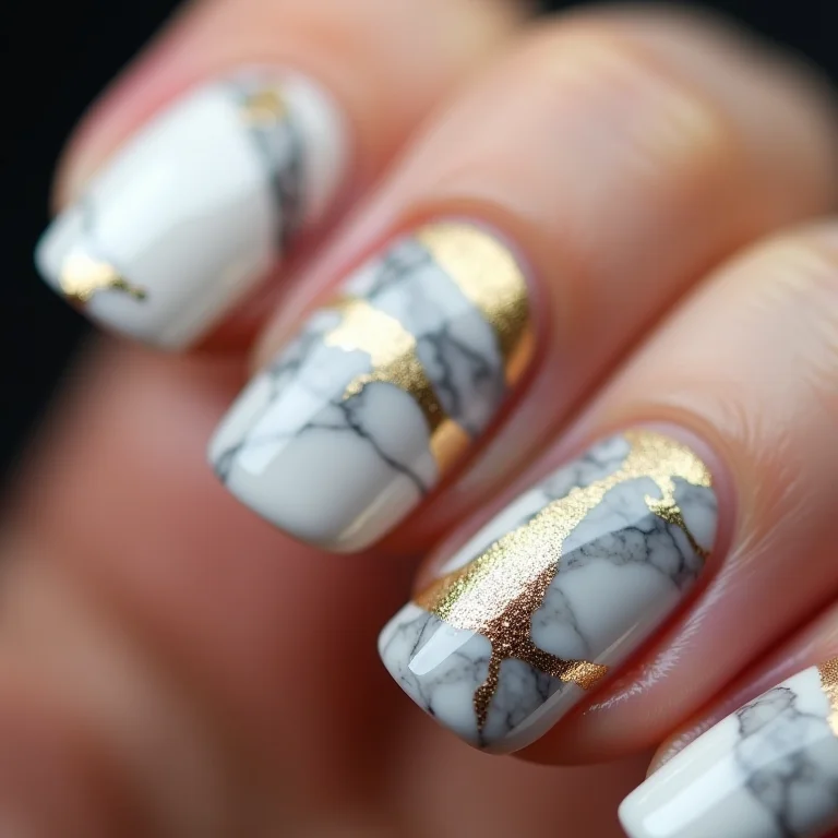 Unhas marmorizadas em branco, cinza e dourado