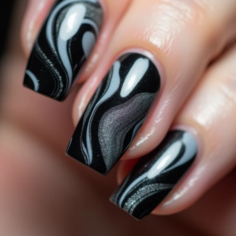 Unhas marmorizadas em preto e branco com textura