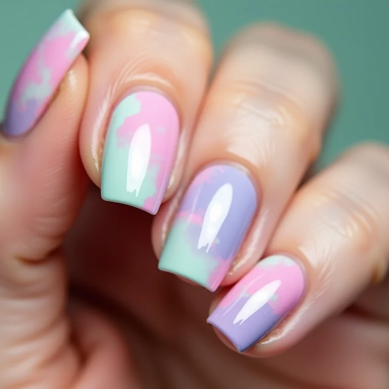 Unhas marmorizadas em tons pastel