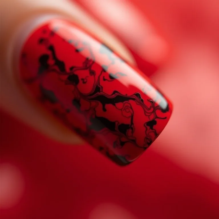 Unhas marmorizadas em vermelho e preto