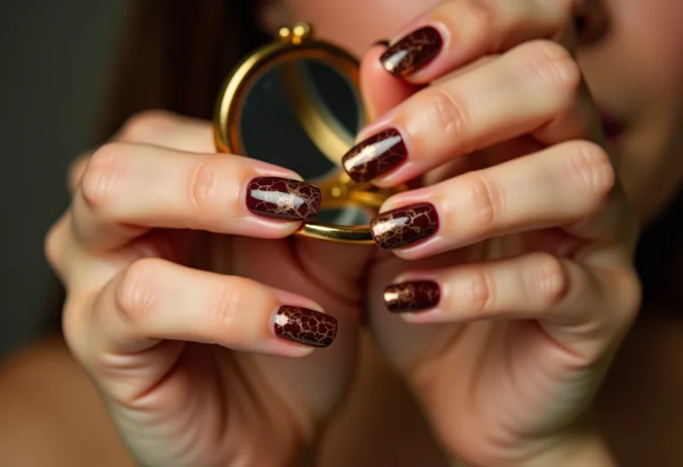 Unhas marmorizadas marrom segurando espelho compacto dourado