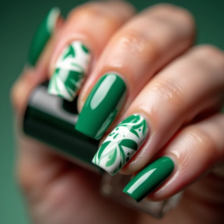Unhas marmorizadas verde e branco em close-up