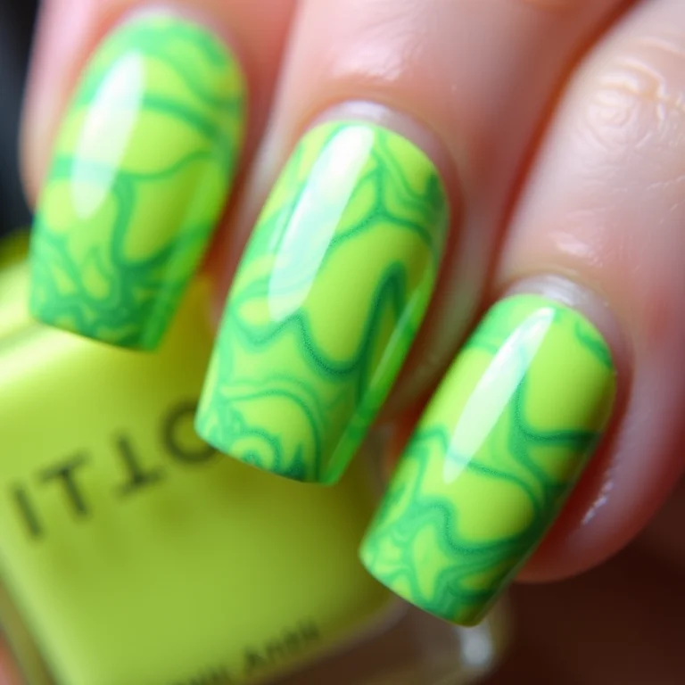 Unhas marmorizadas verde neon com efeito surpreendente