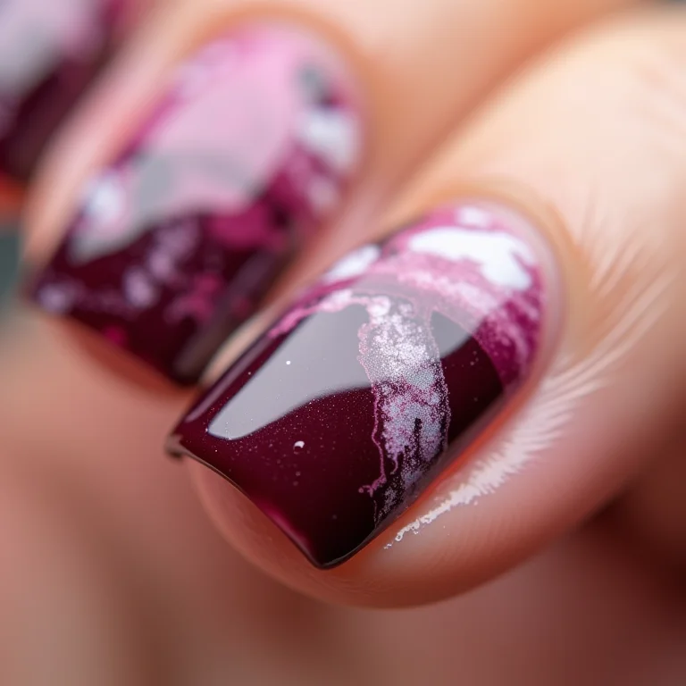 Unhas marmorizadas vinho e branco