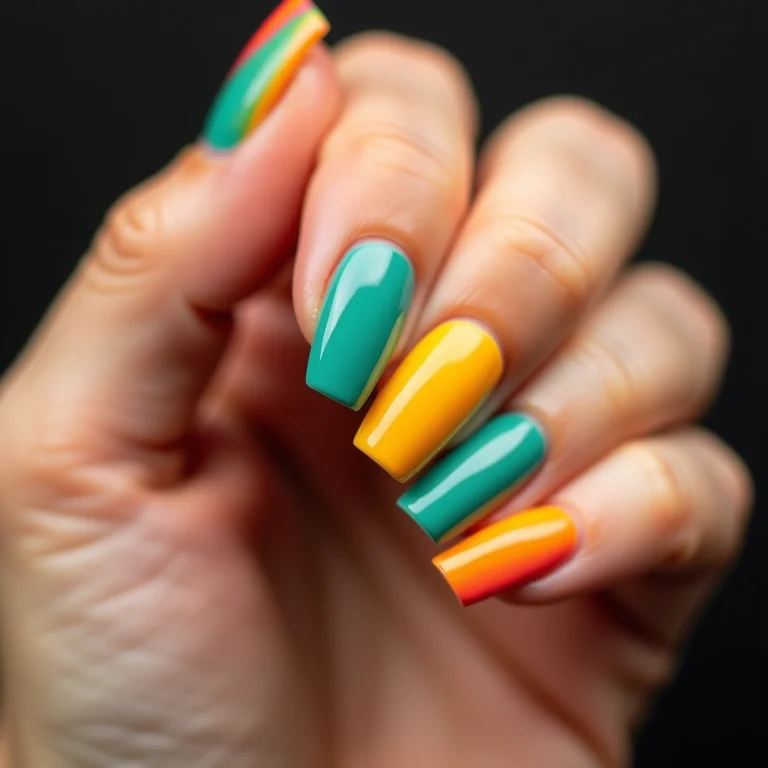 Unhas masculinas com blocos de cores vibrantes.