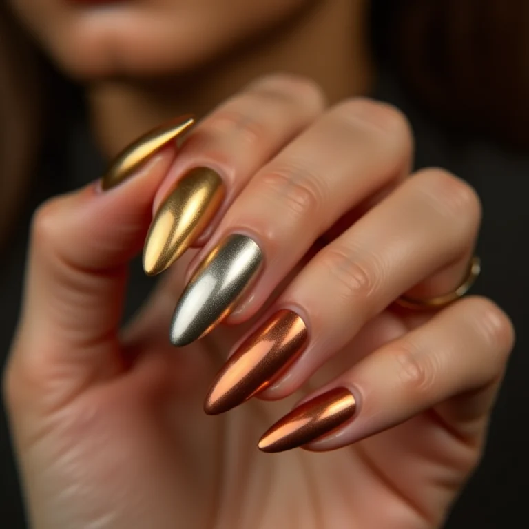Unhas metalizadas douradas, prateadas e cor de cobre.