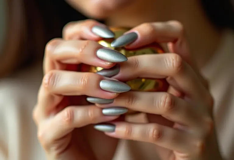 Unhas metalizadas prata segurando espelho dourado antigo