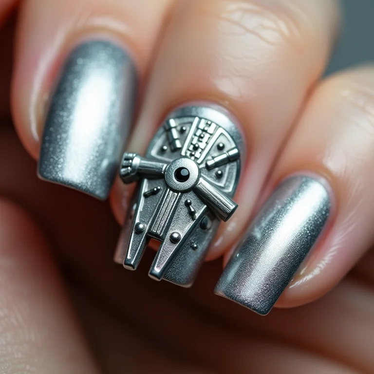 Unhas Millennium Falcon com prata metálico e detalhes complexos