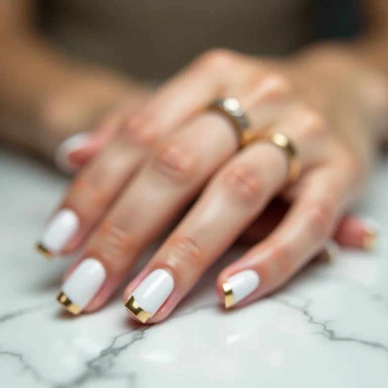 Unhas minimalistas branco e dourado