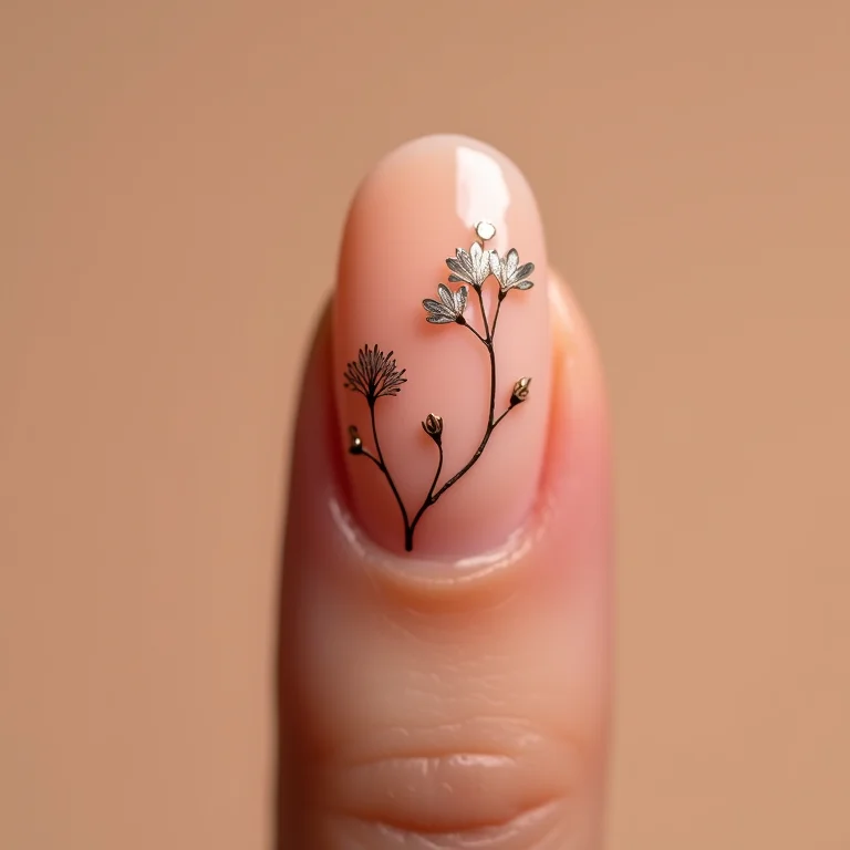 Unhas minimalistas com detalhes florais