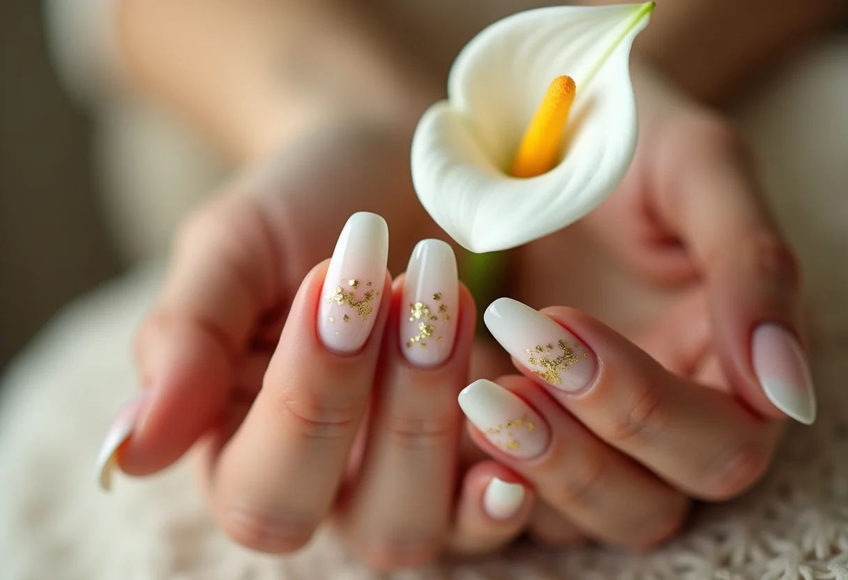 Unhas minimalistas com flocos dourados segurando lírio branco