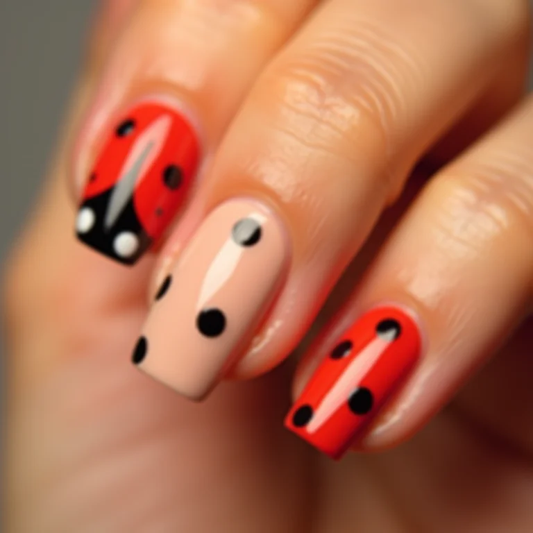 Unhas minimalistas com joaninhas