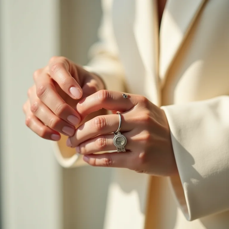 Unhas minimalistas douradas para o Ano Novo 2026 com blazer branco elegante