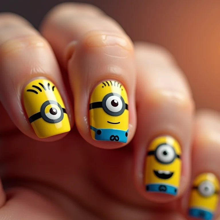 Unhas Minions com design único em cada dedo.