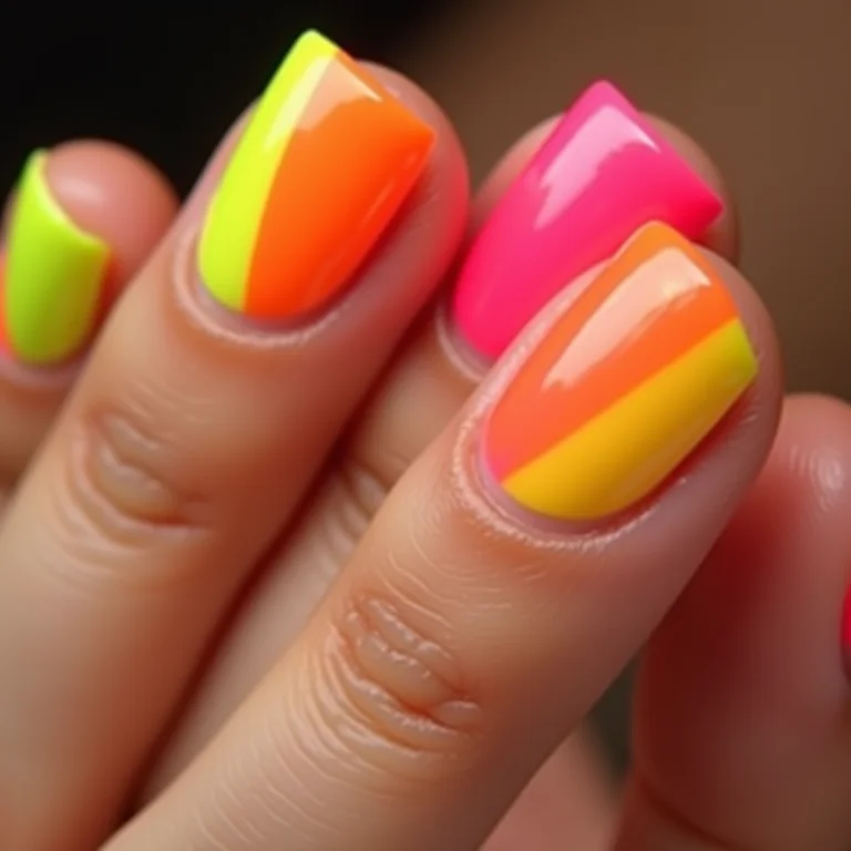 Unhas neon com design geométrico