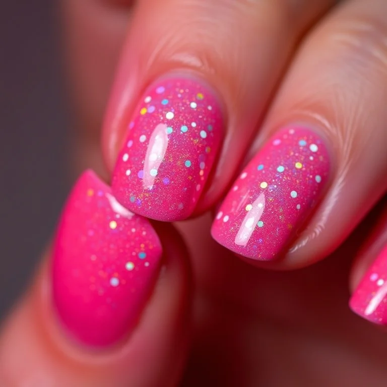 Unhas neon rosa com glitter holográfico