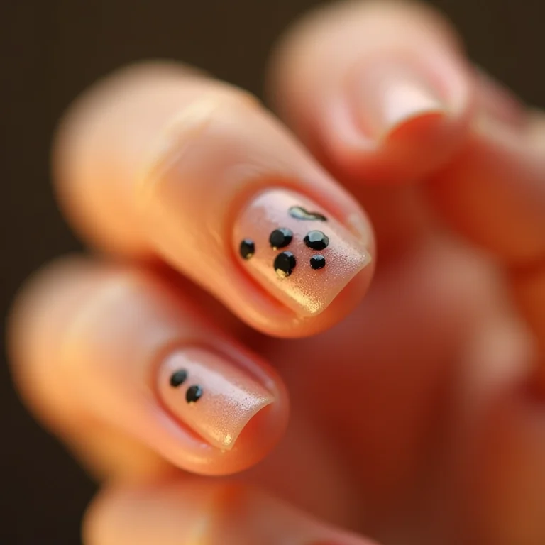 Unhas nude com adesivos pretos, macro