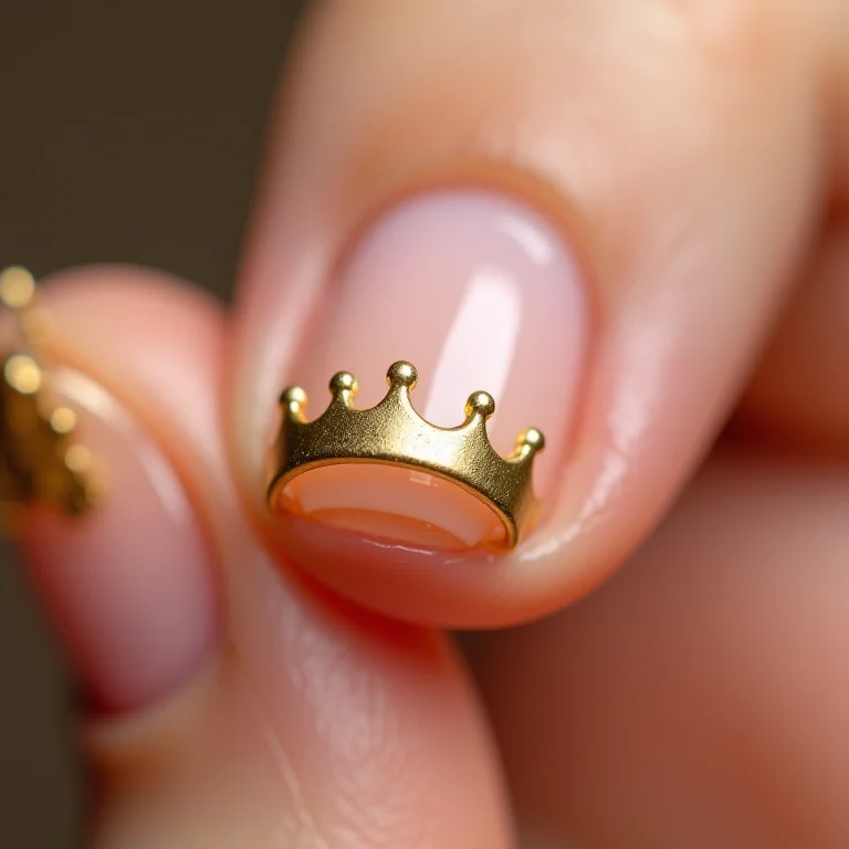 Unhas nude com coroas douradas minimalistas