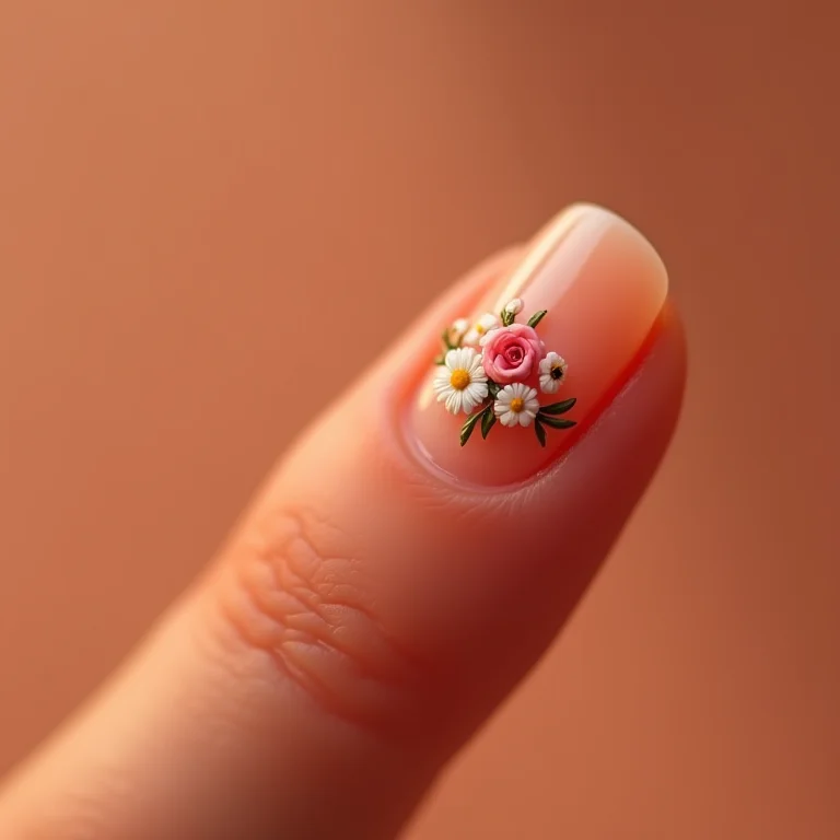Unhas nude com decoração floral delicada