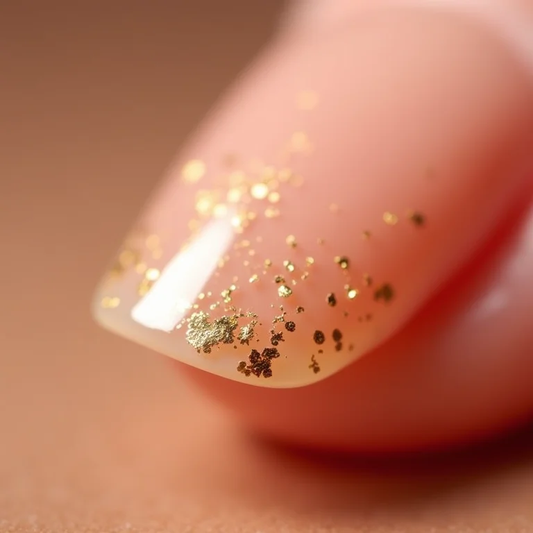 Unhas nude com detalhes em flocos dourados