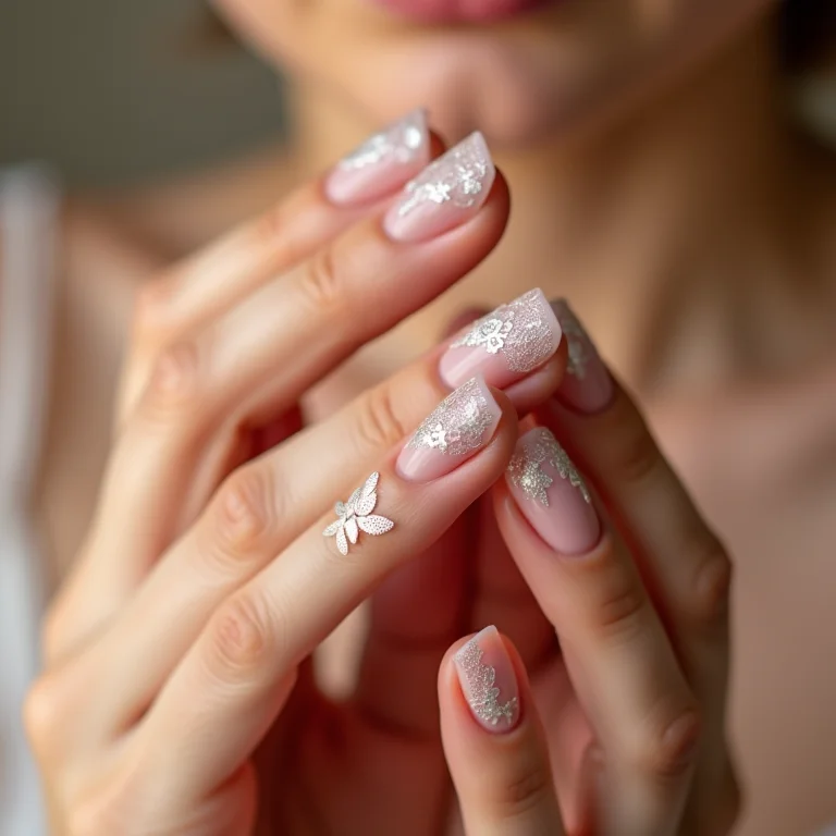 Unhas nude com detalhes em renda