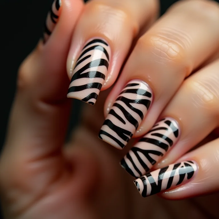 Unhas nude com estampa de zebra preta