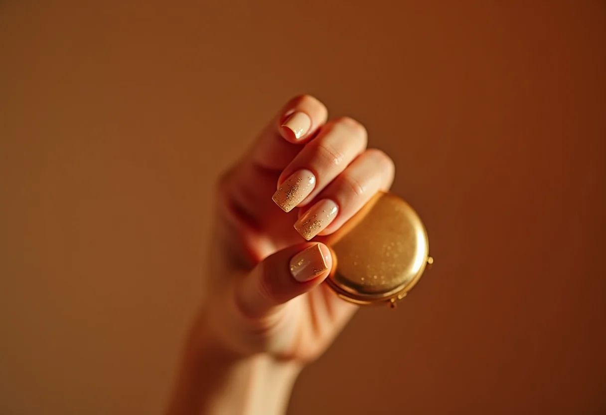 Unhas nude com flocos dourados segurando espelho compacto dourado