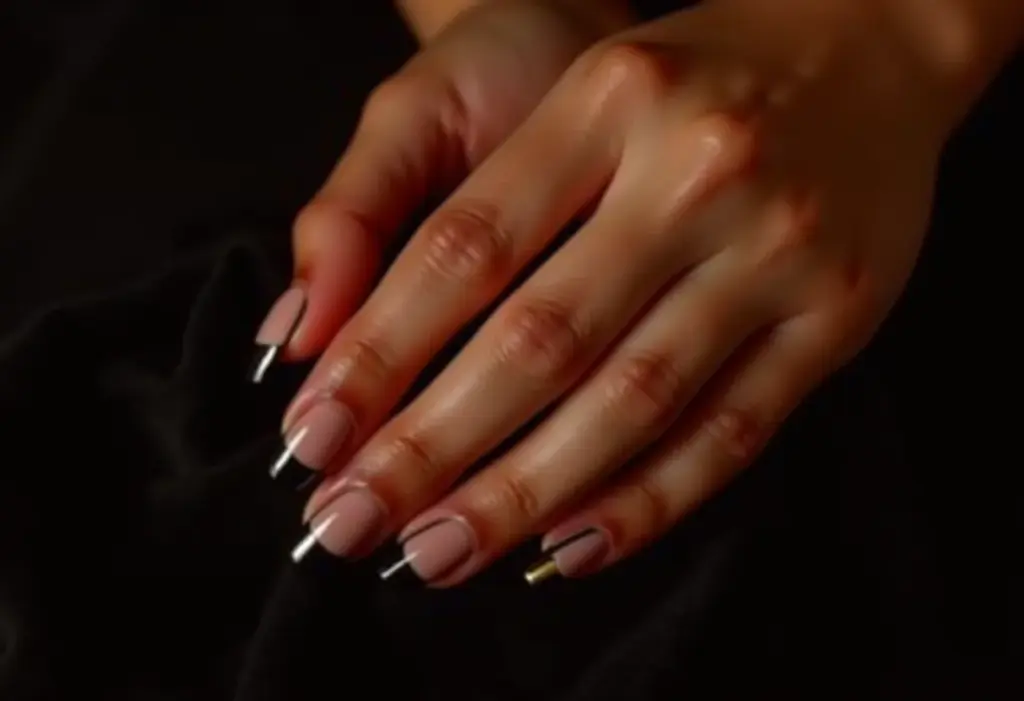 Unhas nude com listra preta sobre veludo preto