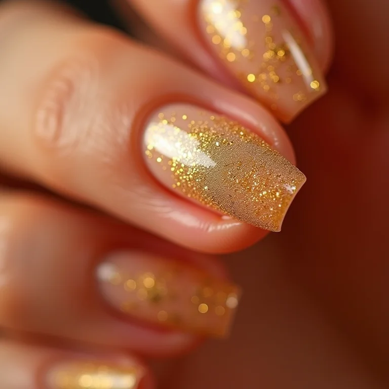 Unhas nude decoradas com glitter dourado