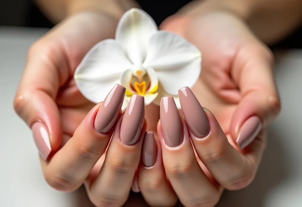 Unhas Decoradas com Molde F1: O Segredo das Profissionais Unhas nude stiletto com molde F1 segurando orquídea branca