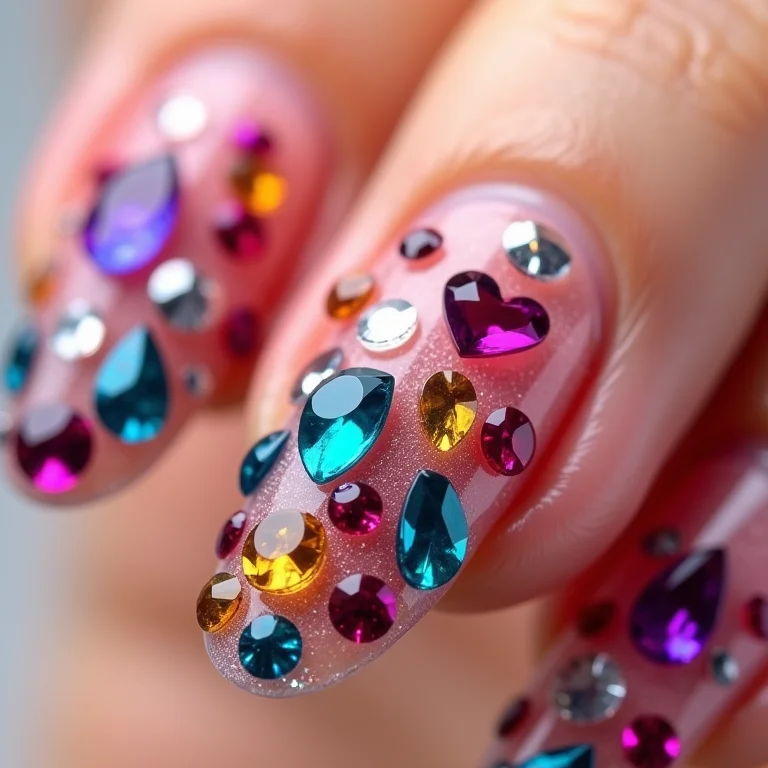 Unhas ovais com pedrarias acrílicas coloridas