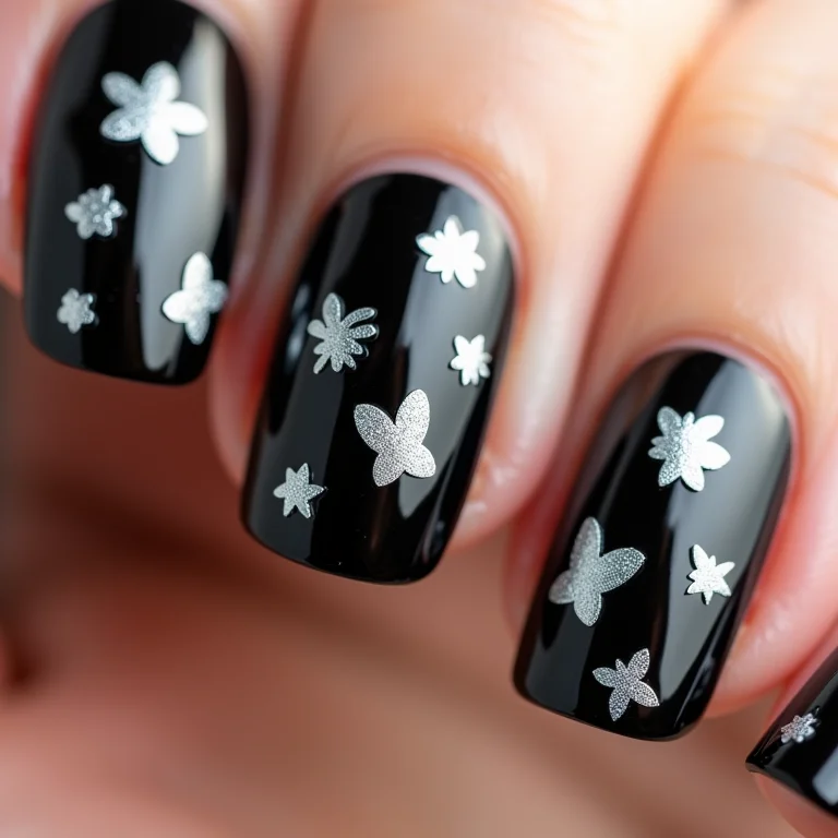 Unhas pretas com adesivos e apliques temáticos