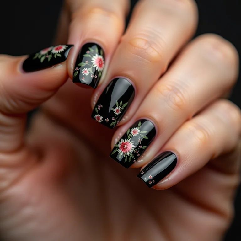 Unhas pretas com adesivos florais em macro