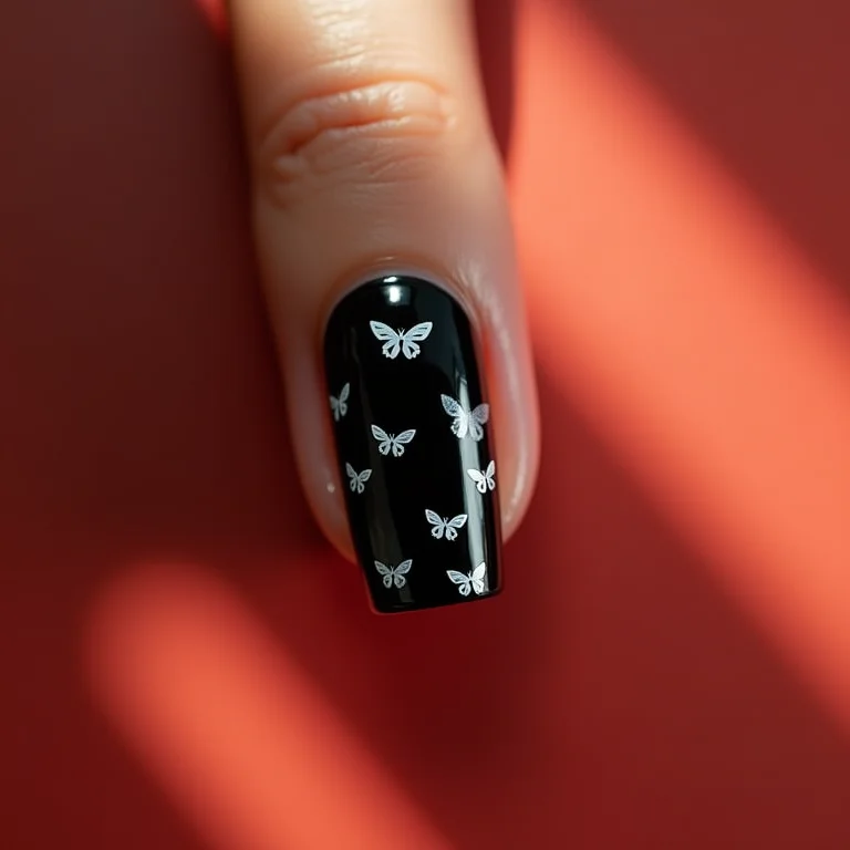 Unhas pretas com adesivos temáticos